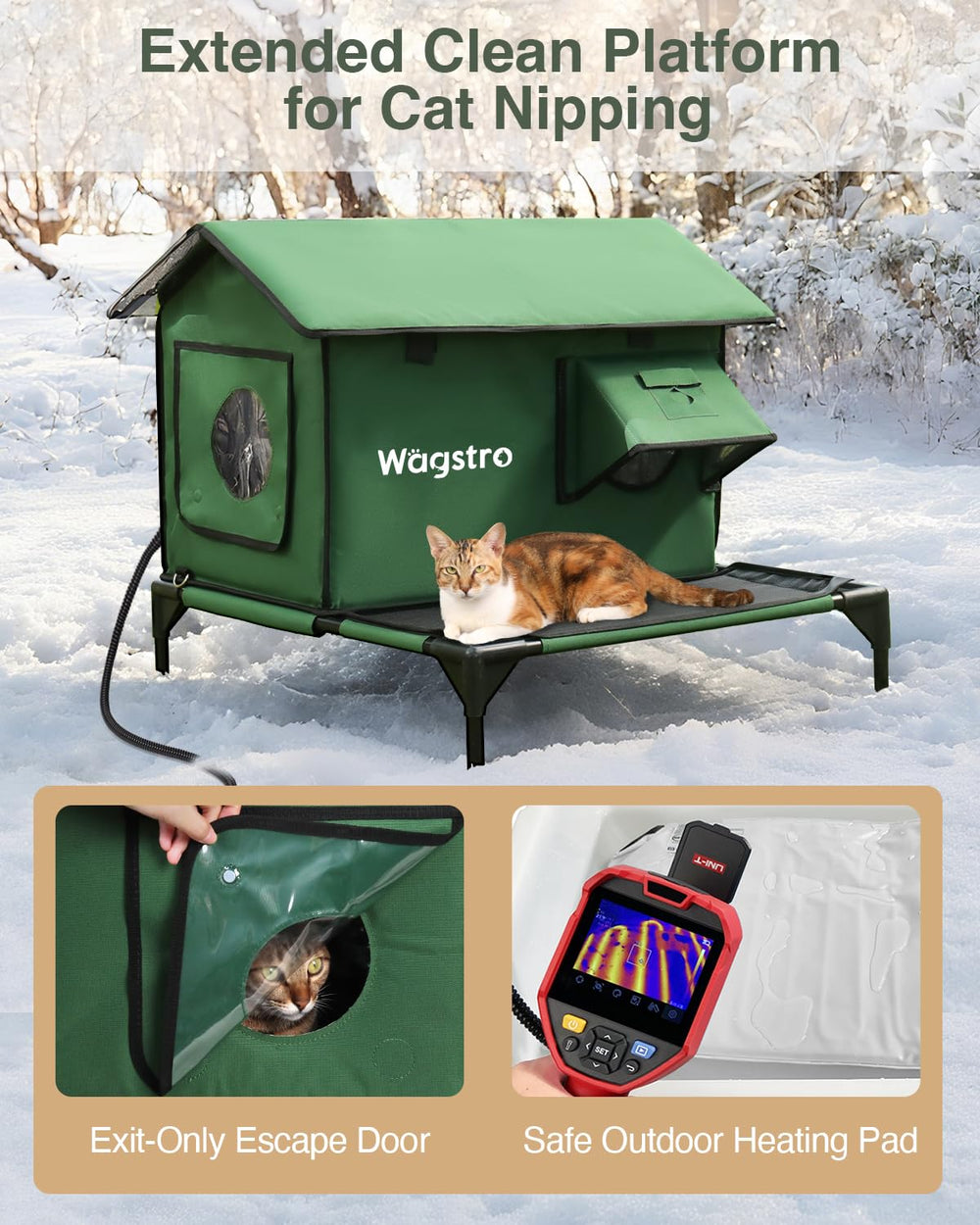 Wagstro elevated base keeps paws dry and away from ground moisture.