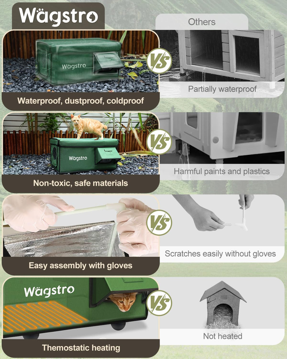 Wagstro elevated base keeps interior dry in wet weather for warmth.
