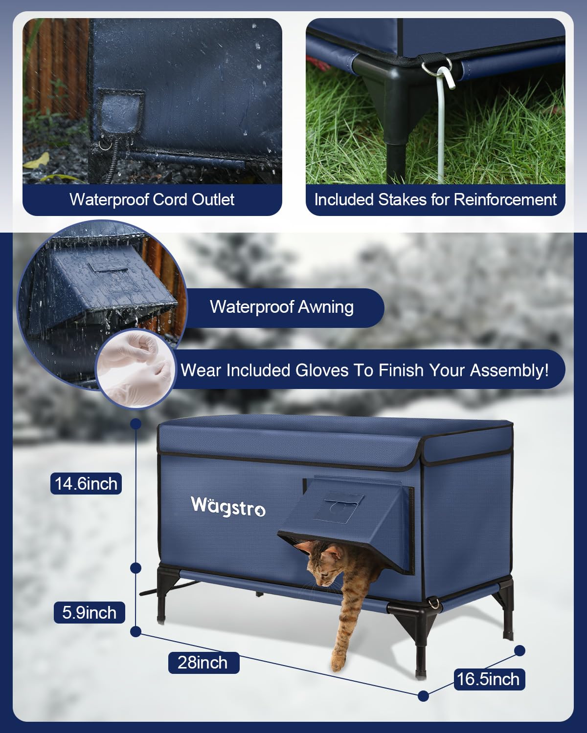 Wagstro Ex-Large Heated Cat Shelter dimensions 29x17x20 show compact footprint with elevated design.