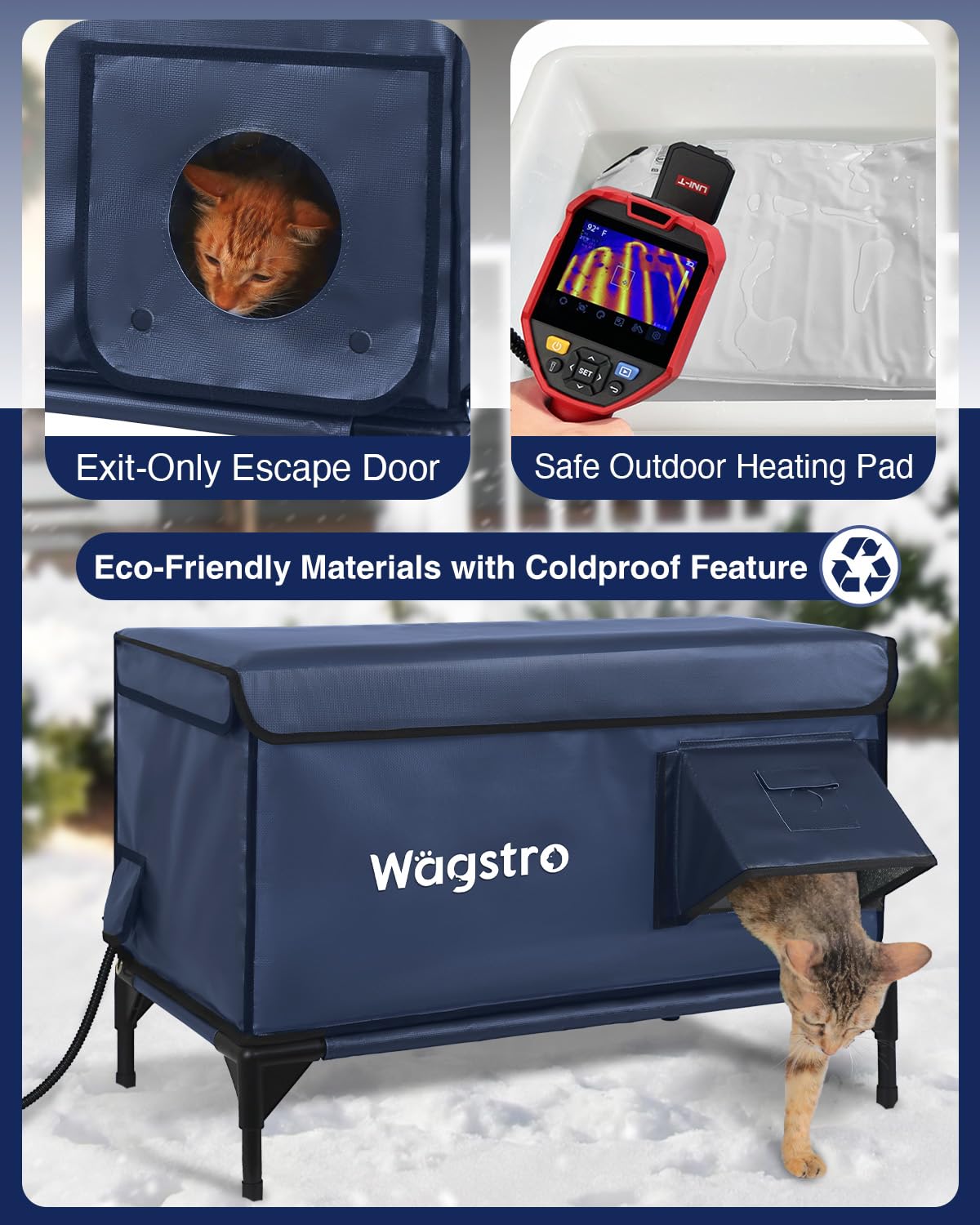 Wagstro Ex-Large Heated Cat Shelter built-in heating pad provides consistent warmth for chilly nights.