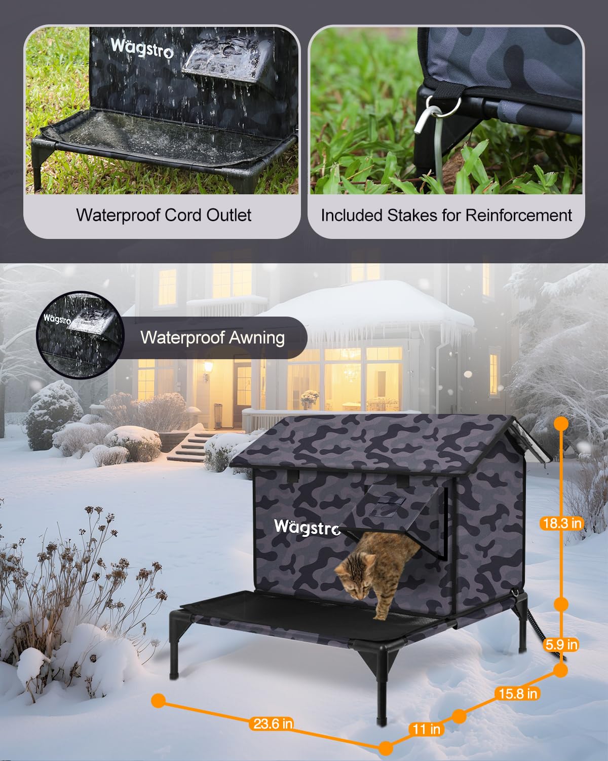 Wagstro five-layer weatherproof insulation fabric protects cats during harsh winters.