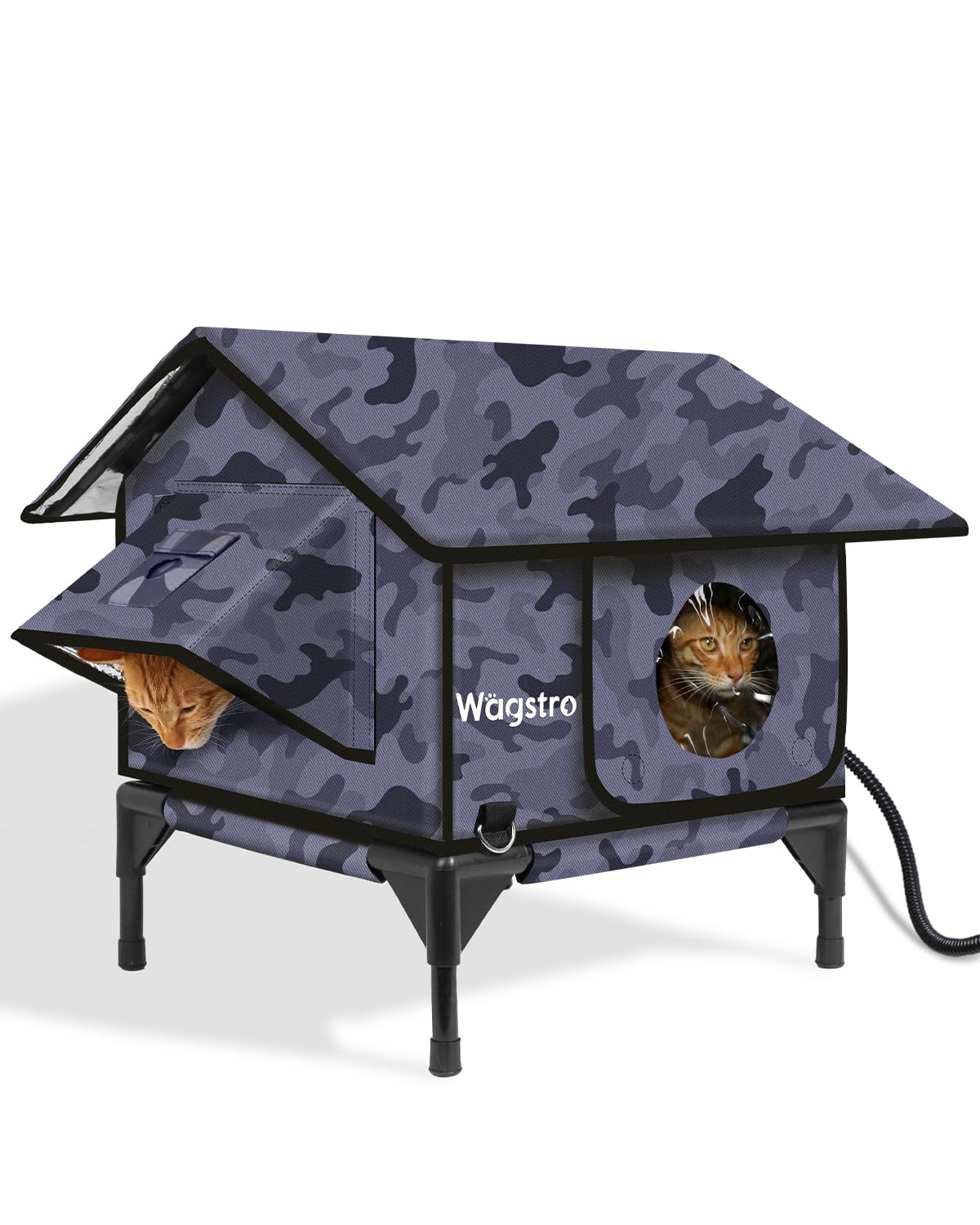 Wagstro Gable heated cat house exterior in camo black, outdoor shelter for cats