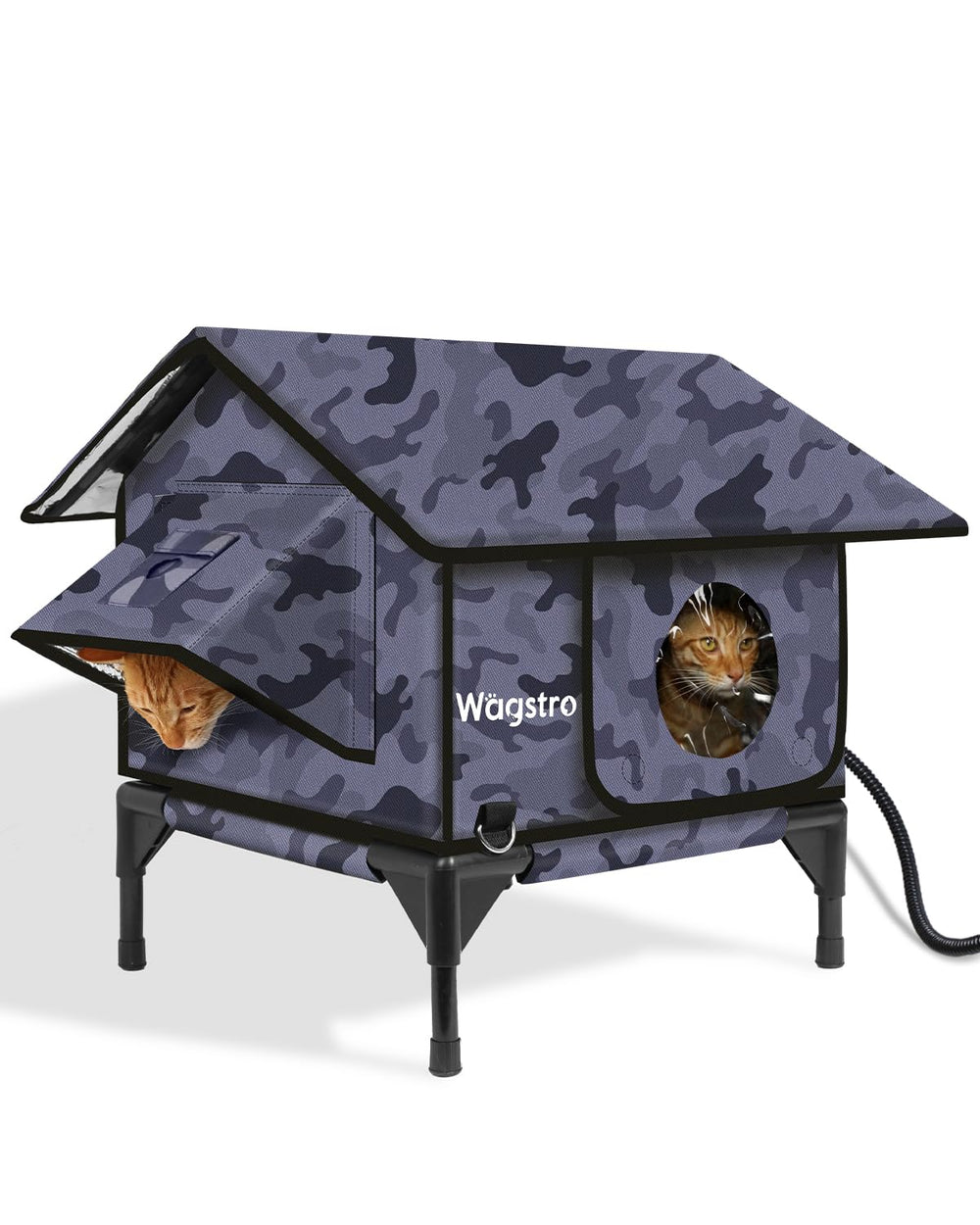 Wagstro Gable heated cat house exterior in camo black, outdoor shelter for cats