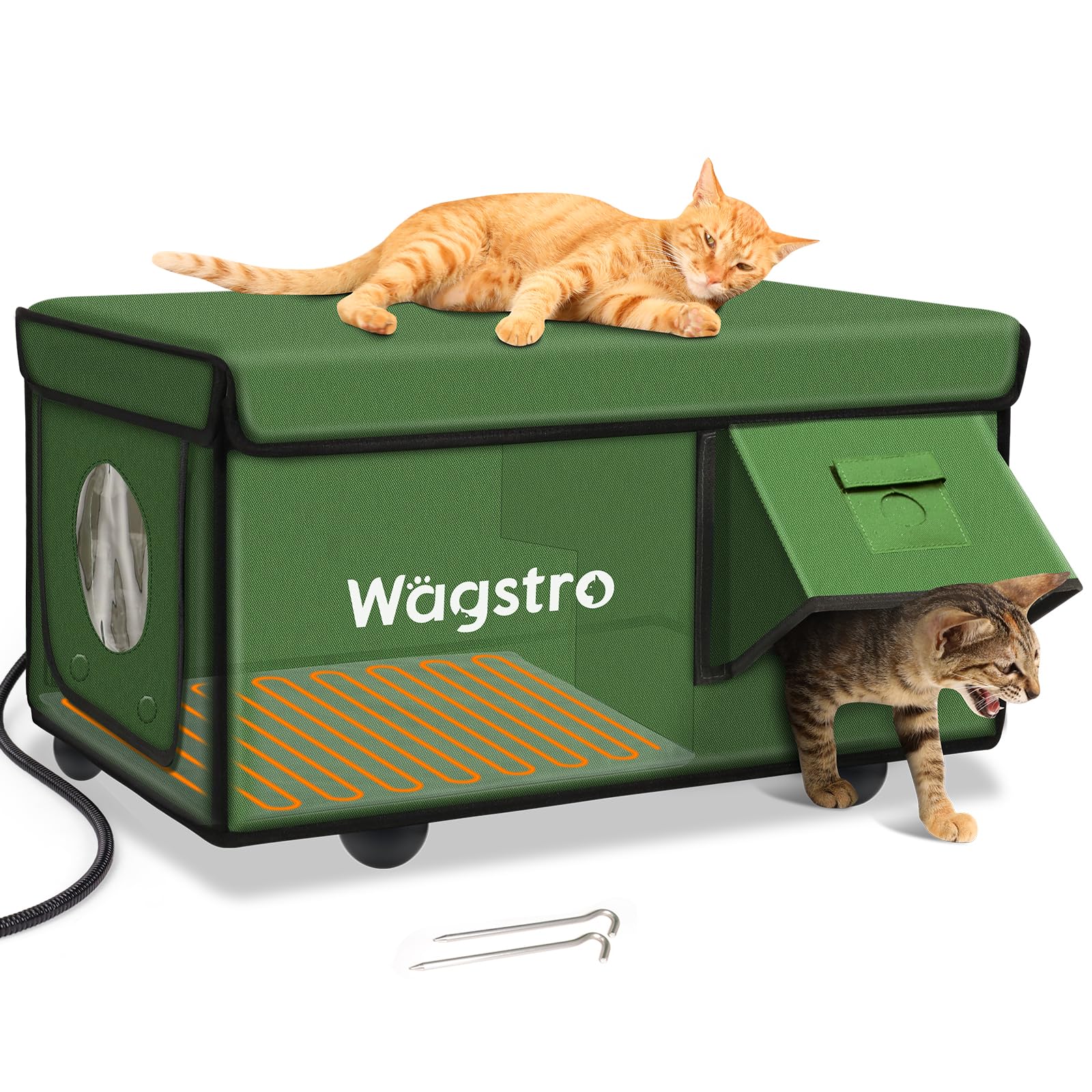 Wagstro heated cat house exterior in green, weatherproof winter shelter.