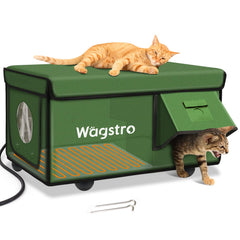 Wagstro heated cat house exterior in green, weatherproof winter shelter.
