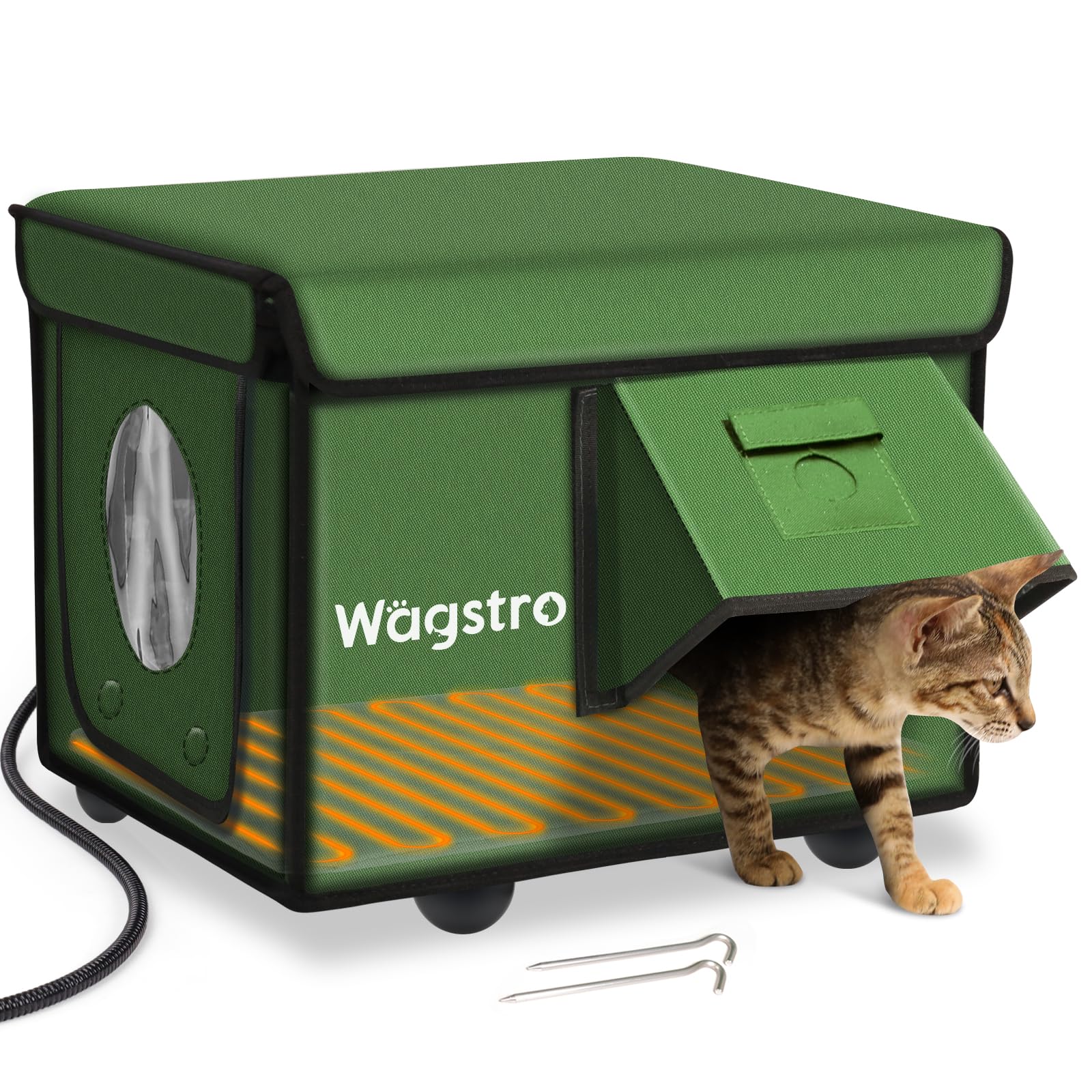 Wagstro heated cat house outdoor assembly shows quick setup for winter comfort.