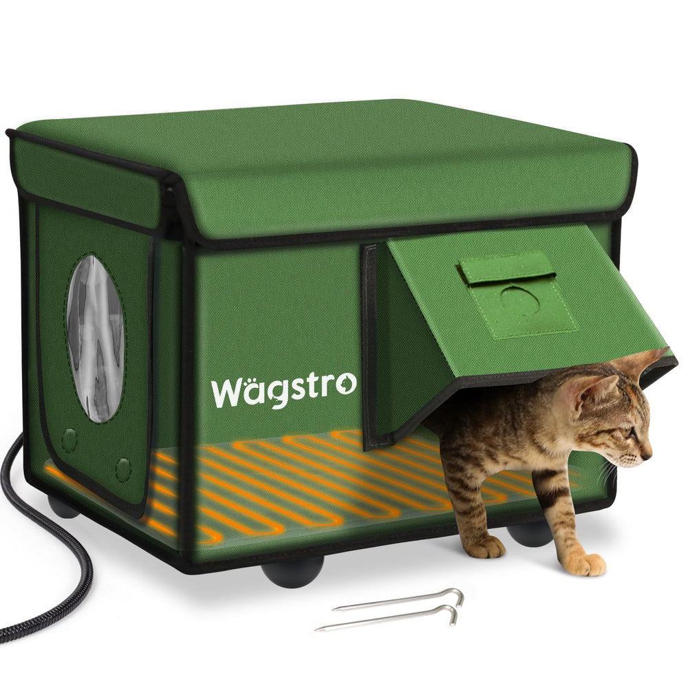 Wagstro heated cat house outdoor assembly shows quick setup for winter comfort.