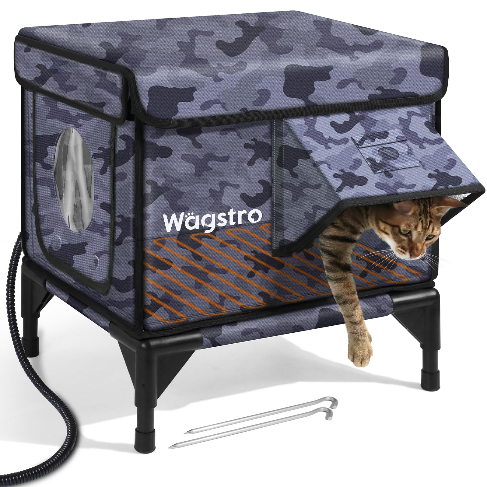 Wagstro heated cat house outdoors with escape door for safer outdoor use