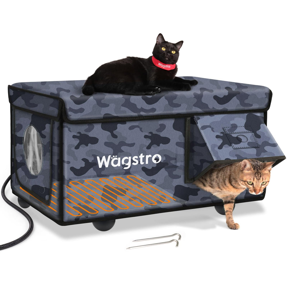 Wagstro heated cat house outdoors with waterproof awning for year-round warmth