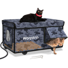 Wagstro heated cat house outdoors with waterproof awning for year-round warmth
