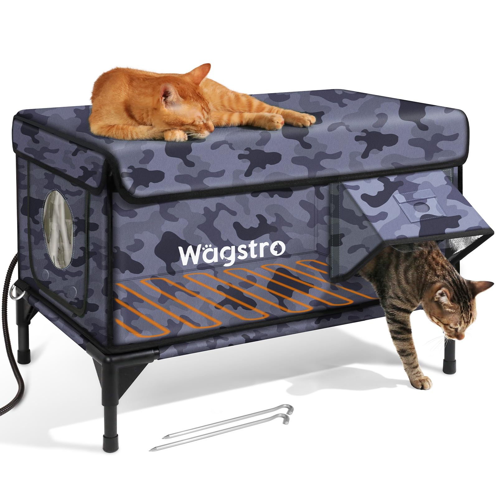 Wagstro heated outdoor cat house front view highlights quick-warming shelter for chilly evenings.