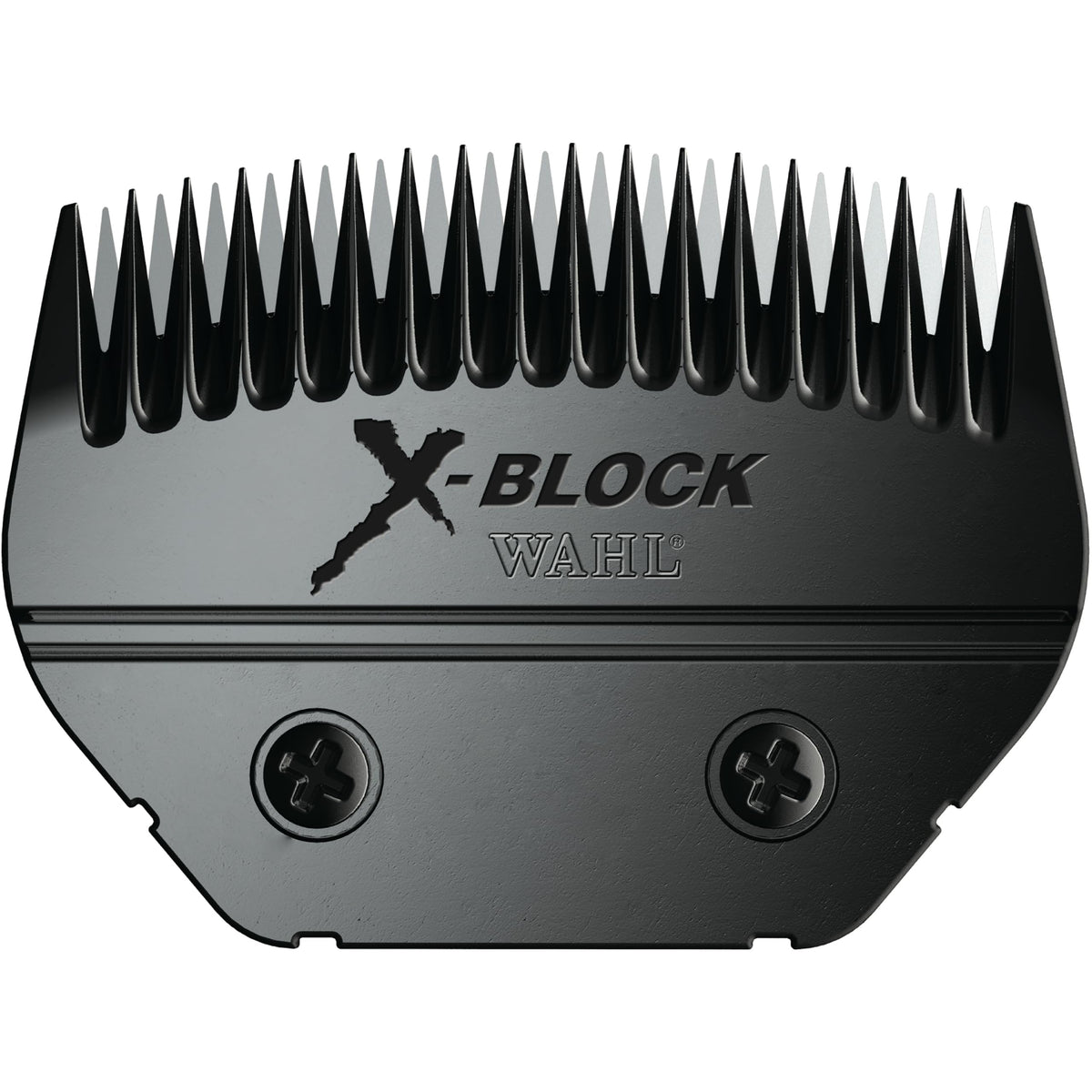 Wahl X-Block Ultimate blade close-up showing midnight chrome finish for durable performance