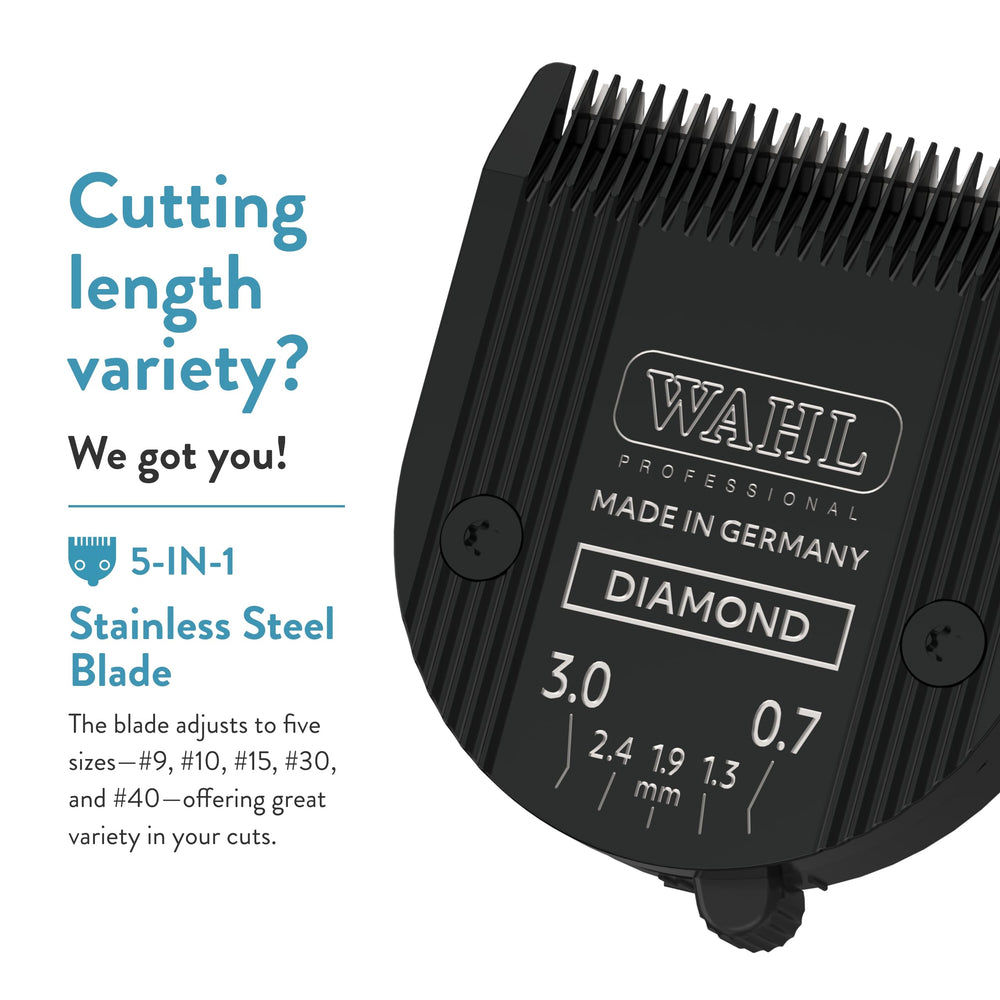 WAHL clipper size settings 9, 10, 15, 30, 40 for versatile grooming.