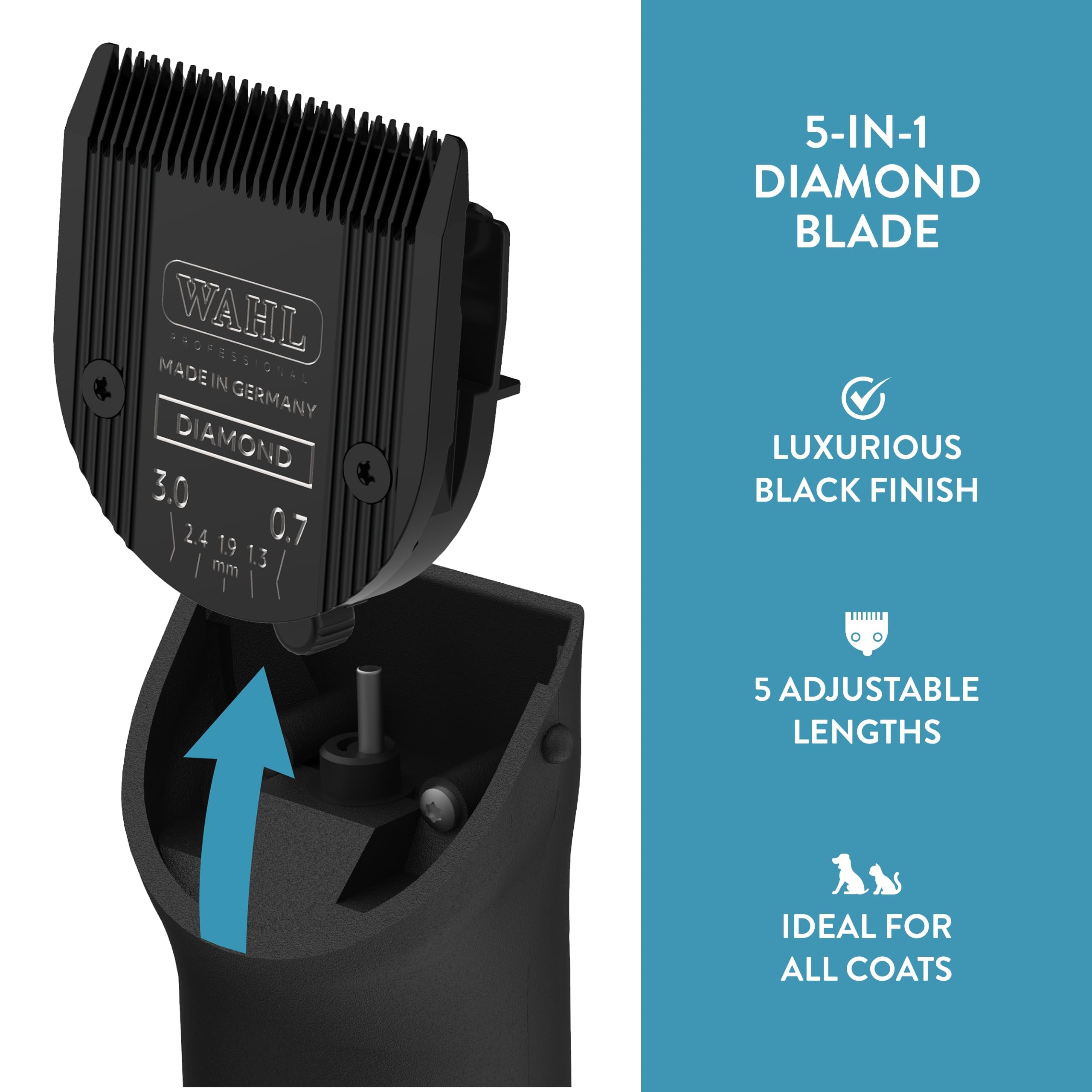 WAHL easy detach and adjust feature enables fast blade changes.