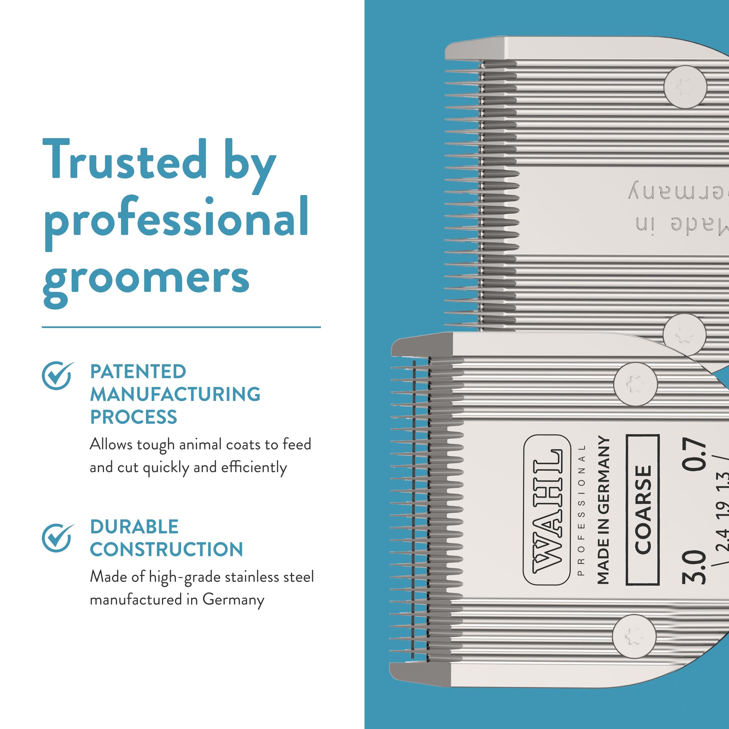 WAHL German-manufactured stainless steel blade highlighting quality craftsmanship