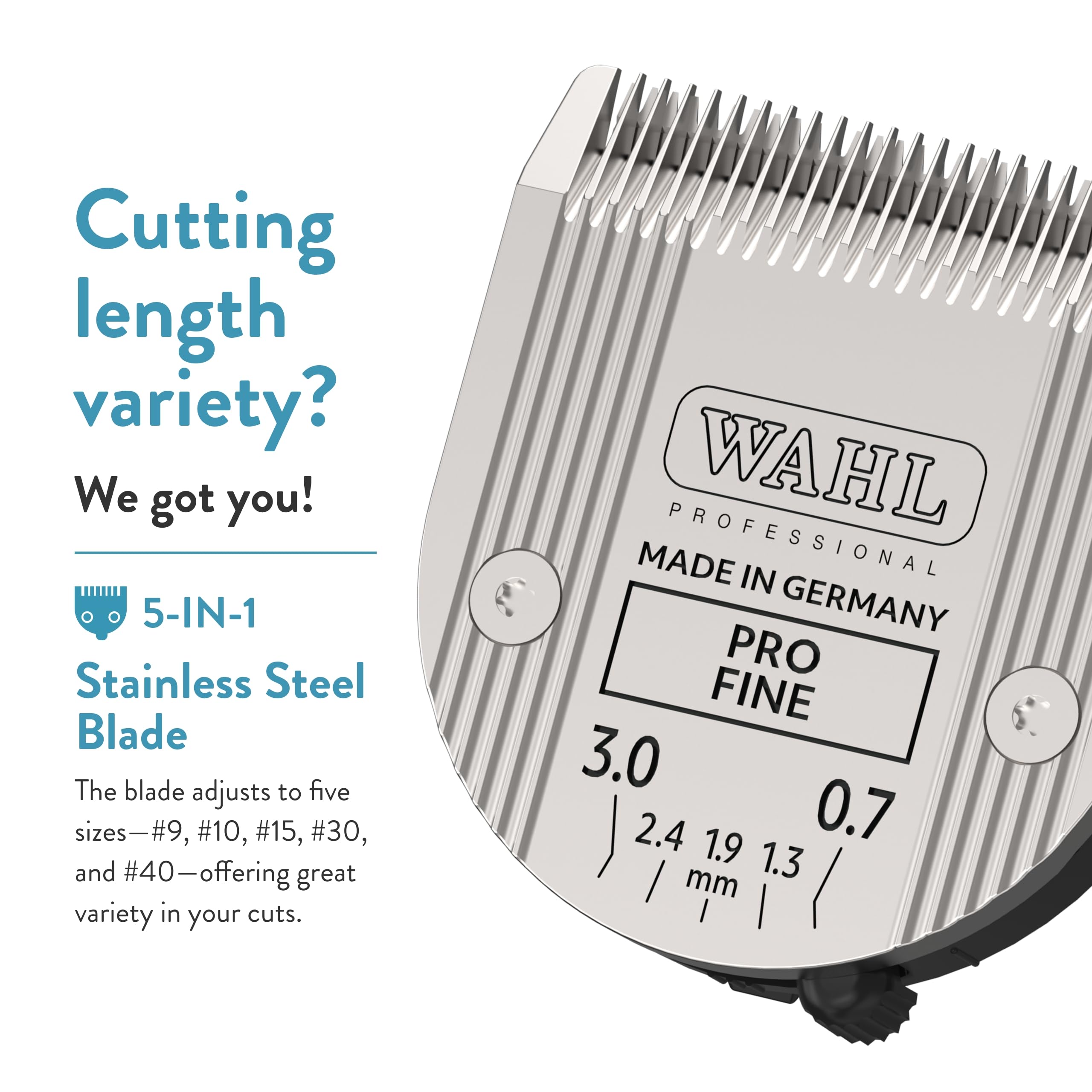Made-in-Germany Wahl blade uses stainless steel for high-performance grooming.
