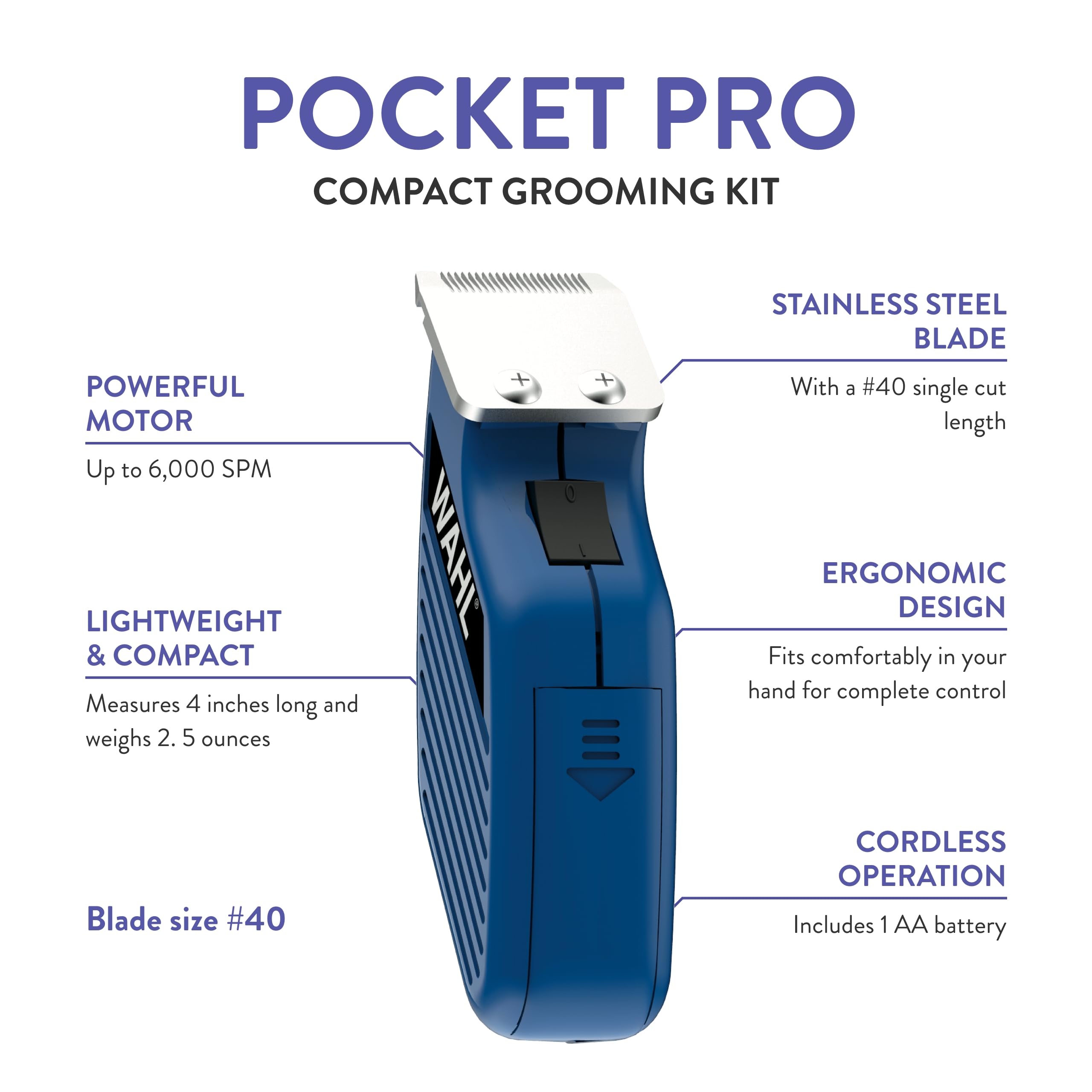 Wahl Pocket Pro Equine Compact Trimmer blue ear trim shows gentle grooming for sensitive areas.