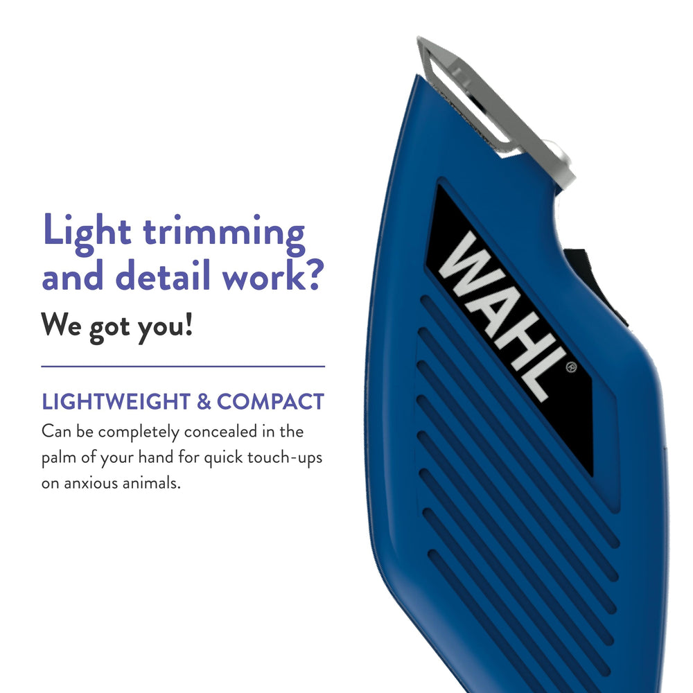Wahl Pocket Pro Equine Compact Trimmer blue face trim delivers precise grooming with palm-sized control.