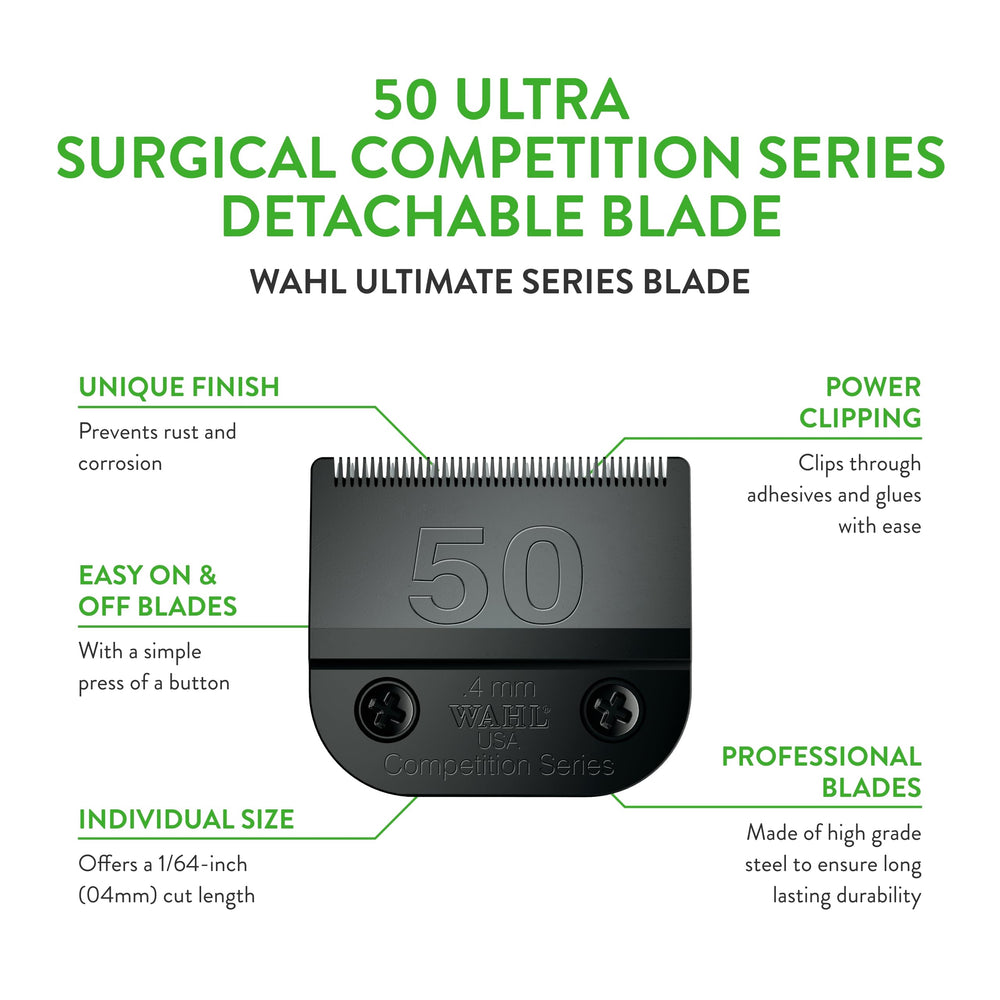 Wahl Professional Animal 50 Ultra Surgical edge in-use detail illustrating fast clipping advantage.