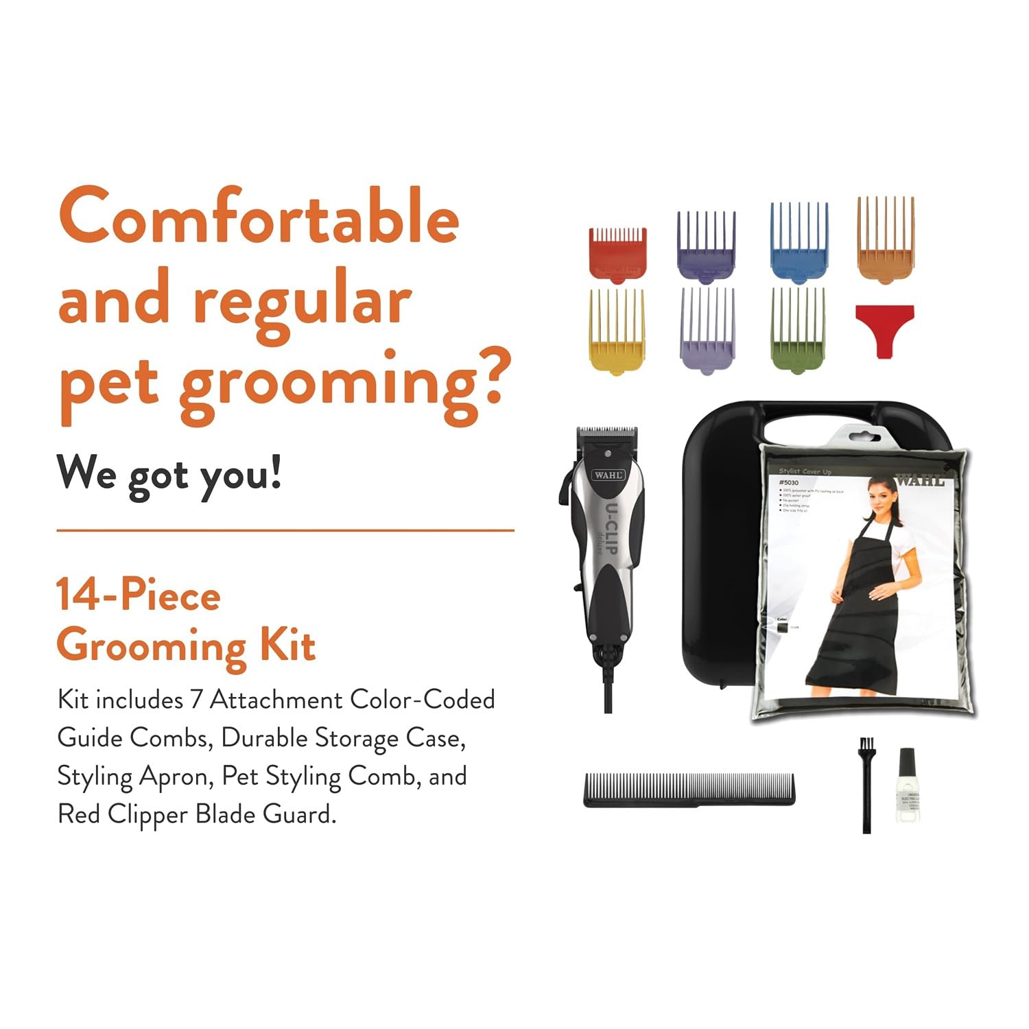Wahl Pro Animal Deluxe U-Clip seven-comb set enables precise trim of paws.