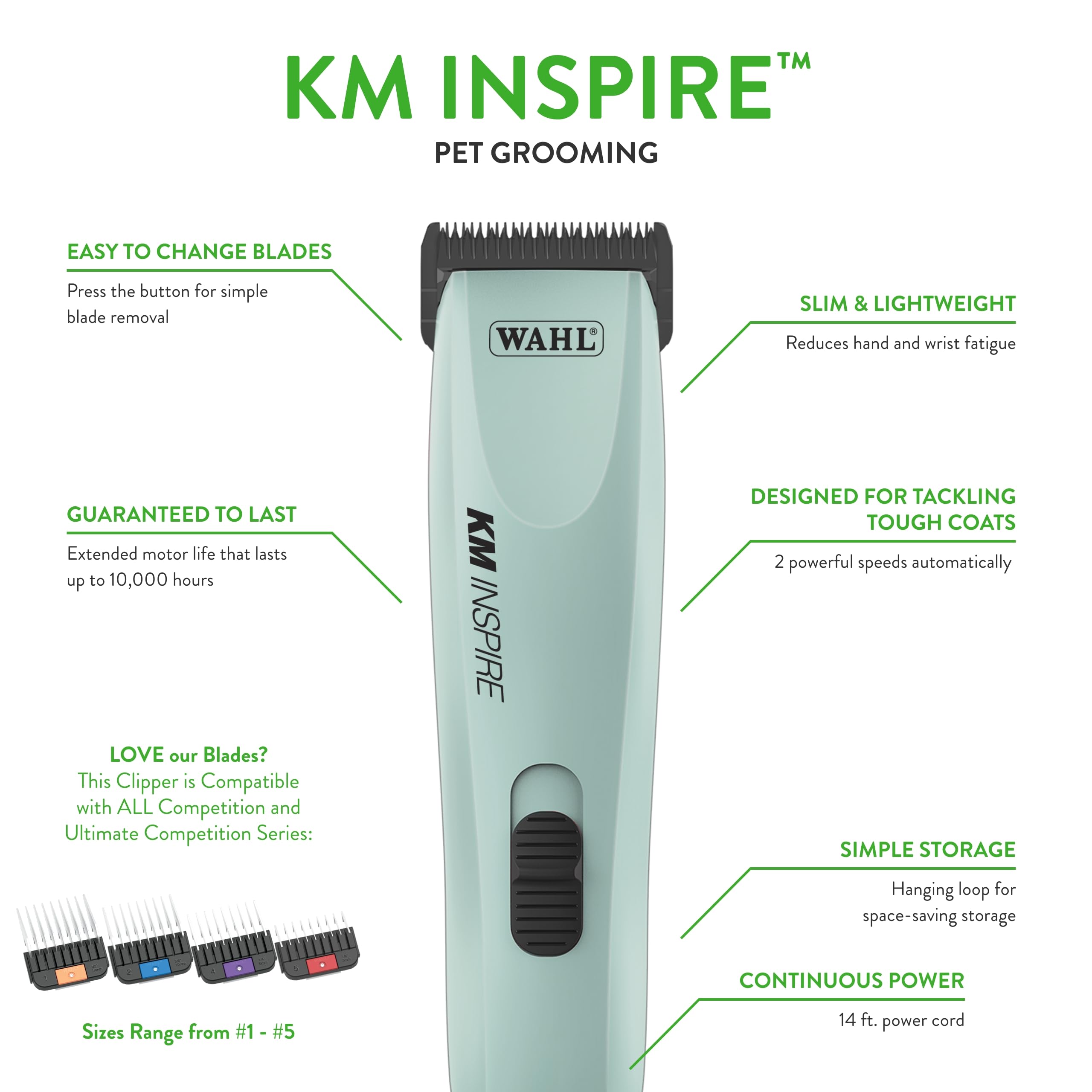 Wahl Pro Animal KM Inspire clipper with four stainless steel guide combs.