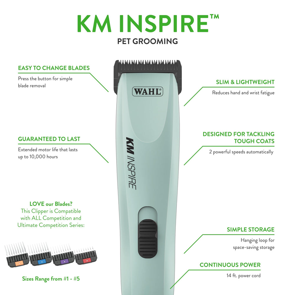 Wahl Pro Animal KM Inspire clipper with four stainless steel guide combs.