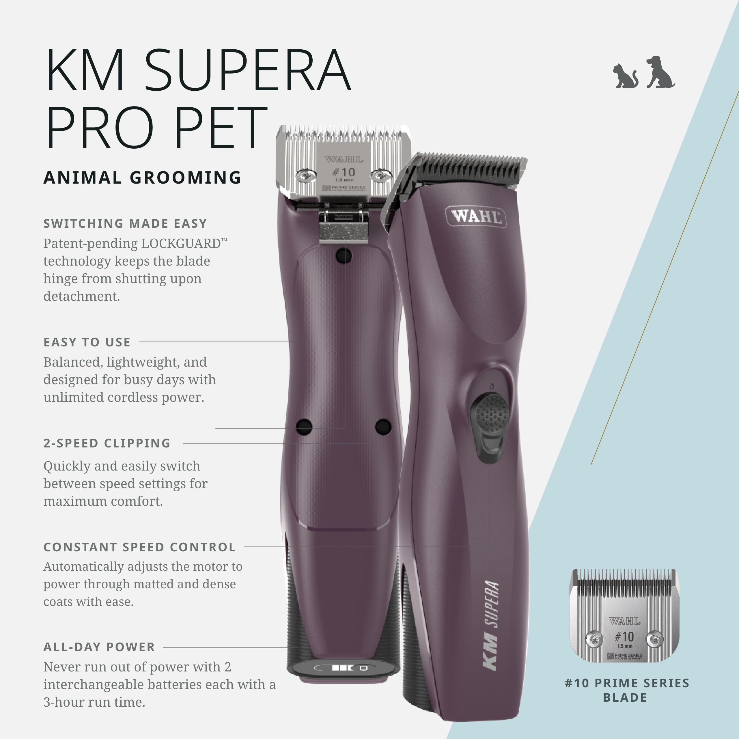 Wahl Pro Animal KM Supera LOCKGUARD technology enables smooth blade switching.