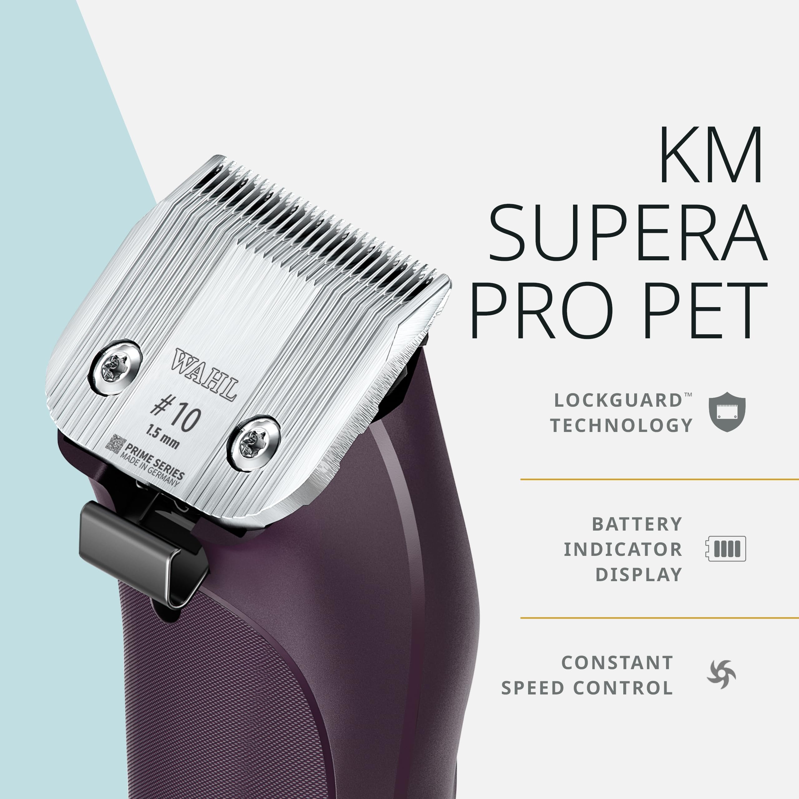 Wahl Pro Animal KM Supera cordless clipper with dual batteries for extended runtime.