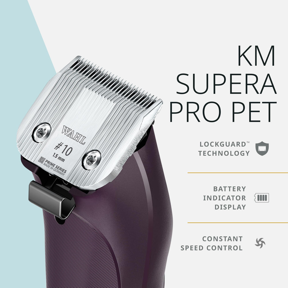 Wahl Pro Animal KM Supera cordless clipper with dual batteries for extended runtime.
