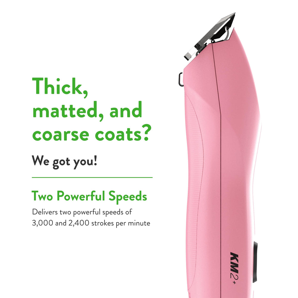 Wahl Pro Animal KM2+ 2-speed motor close-up highlights settings.