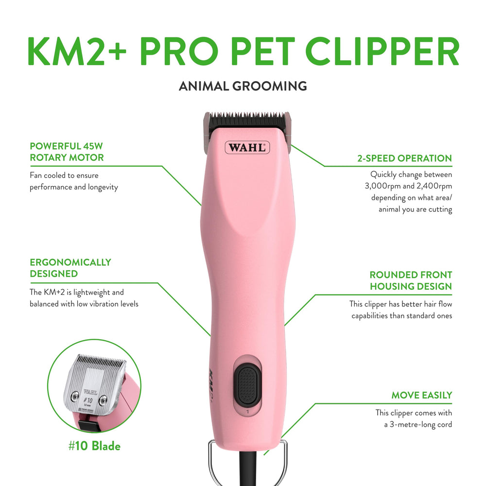 Wahl Pro Animal KM2+ clipper side angle shows ergonomic handle.