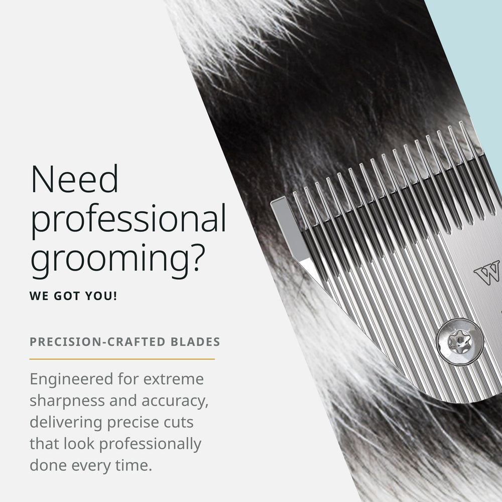Wahl Pro Animal Wide Prime blade in dog grooming setup for smooth, even cuts.