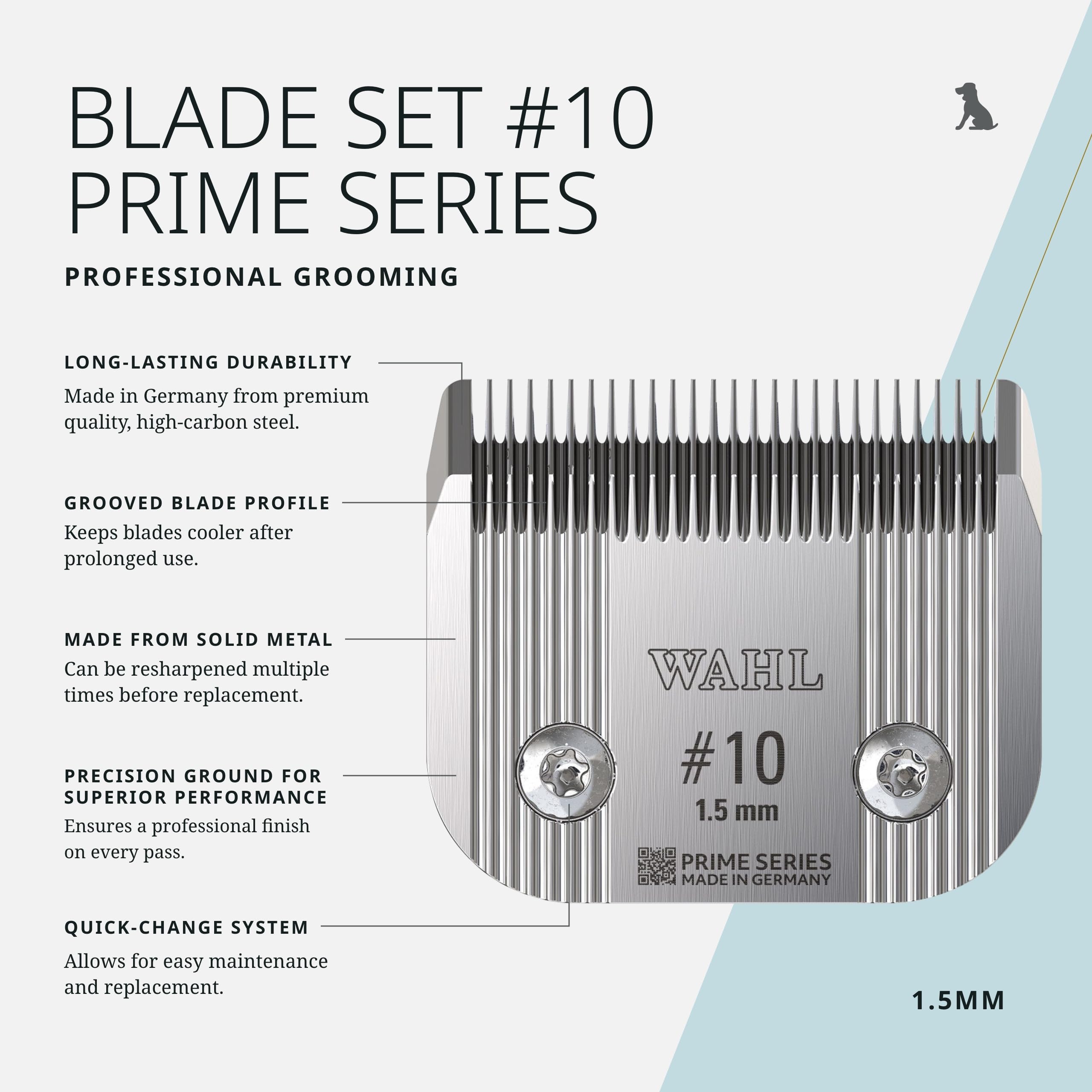 Wahl Pro Animal Wide Prime blades fine-tooth detail for a smooth coat edge in pets.