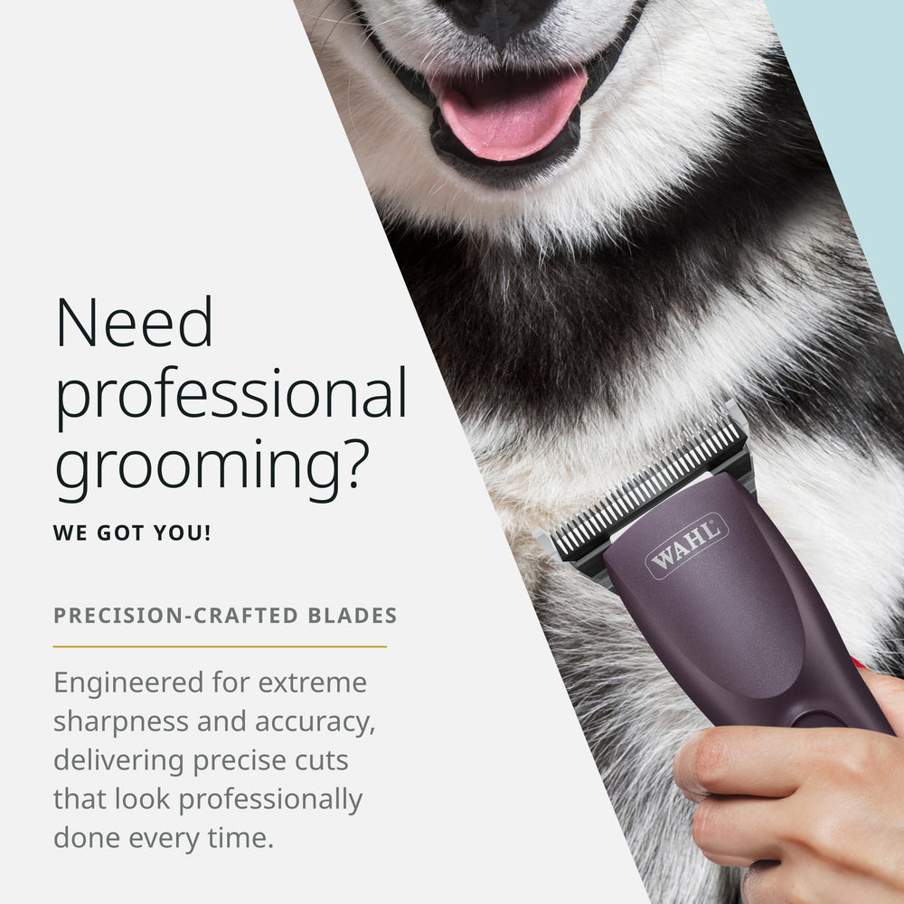 Wahl Pro Animal Wide Prime Series Blades quick-change system enables fast blade swaps for versatility.