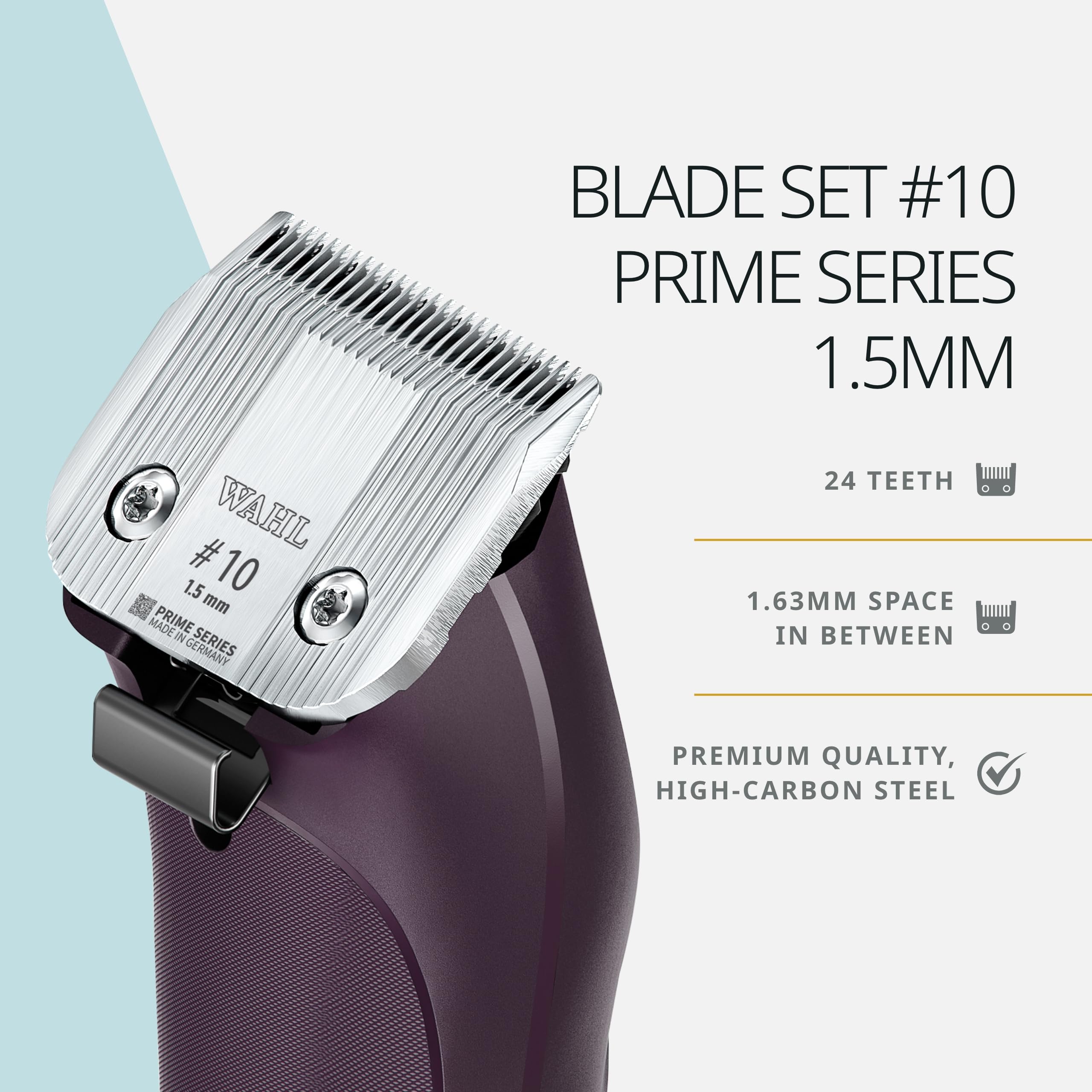 Wahl Pro Animal Wide Prime blades shown with quick-change feature for versatile grooming tasks.