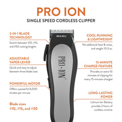 Wahl Pro Ion cordless clipper blade adjustment close-up for versatile lengths.