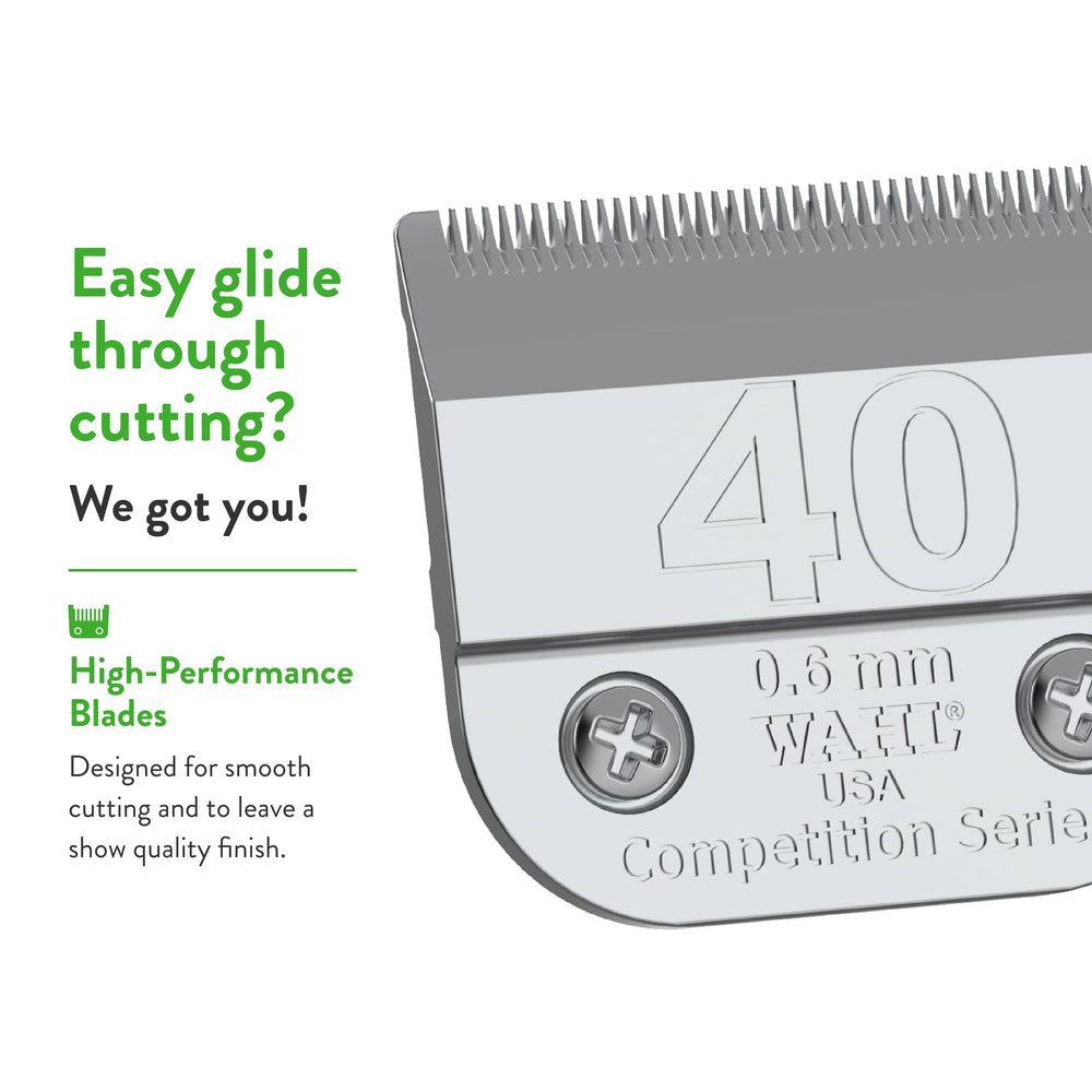 Wahl Professional Animal 40 blade chrome finish close-up emphasizes rust resistance.
