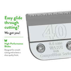 Wahl Professional Animal 40 blade chrome finish close-up emphasizes rust resistance.