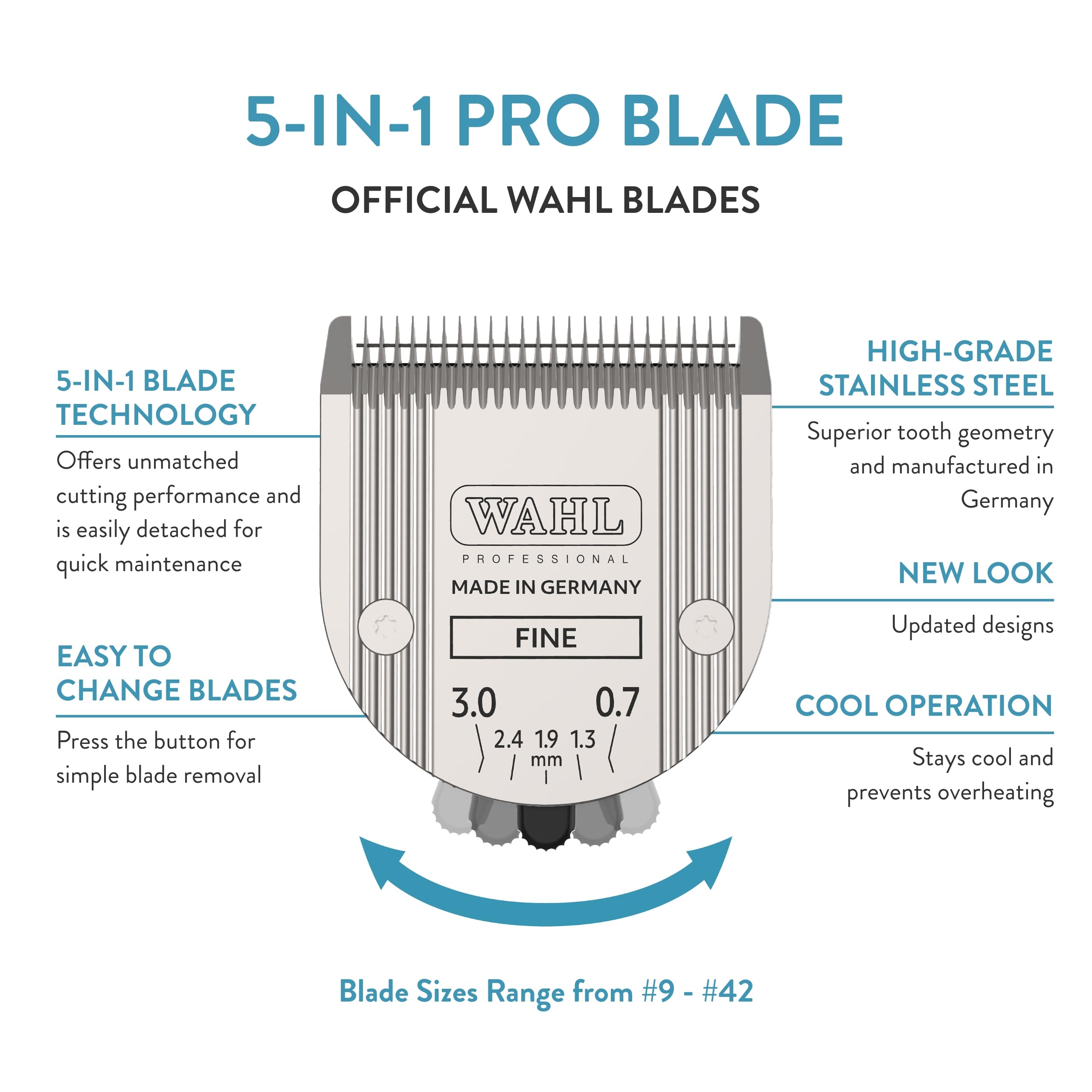 Wahl 5-in-1 blade adjustable settings 9-40 for precise clipping across breeds.