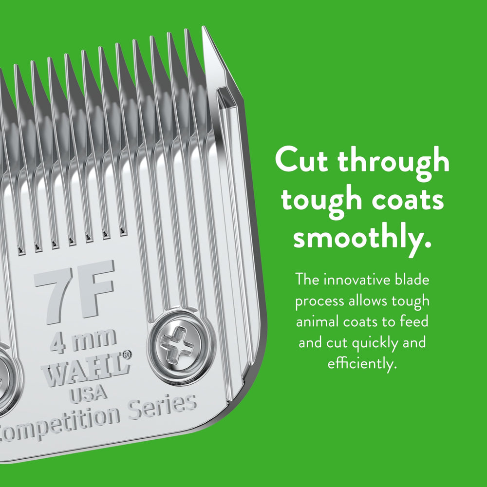 Dog coat grooming scenario with Wahl 7F blade for smooth trims.