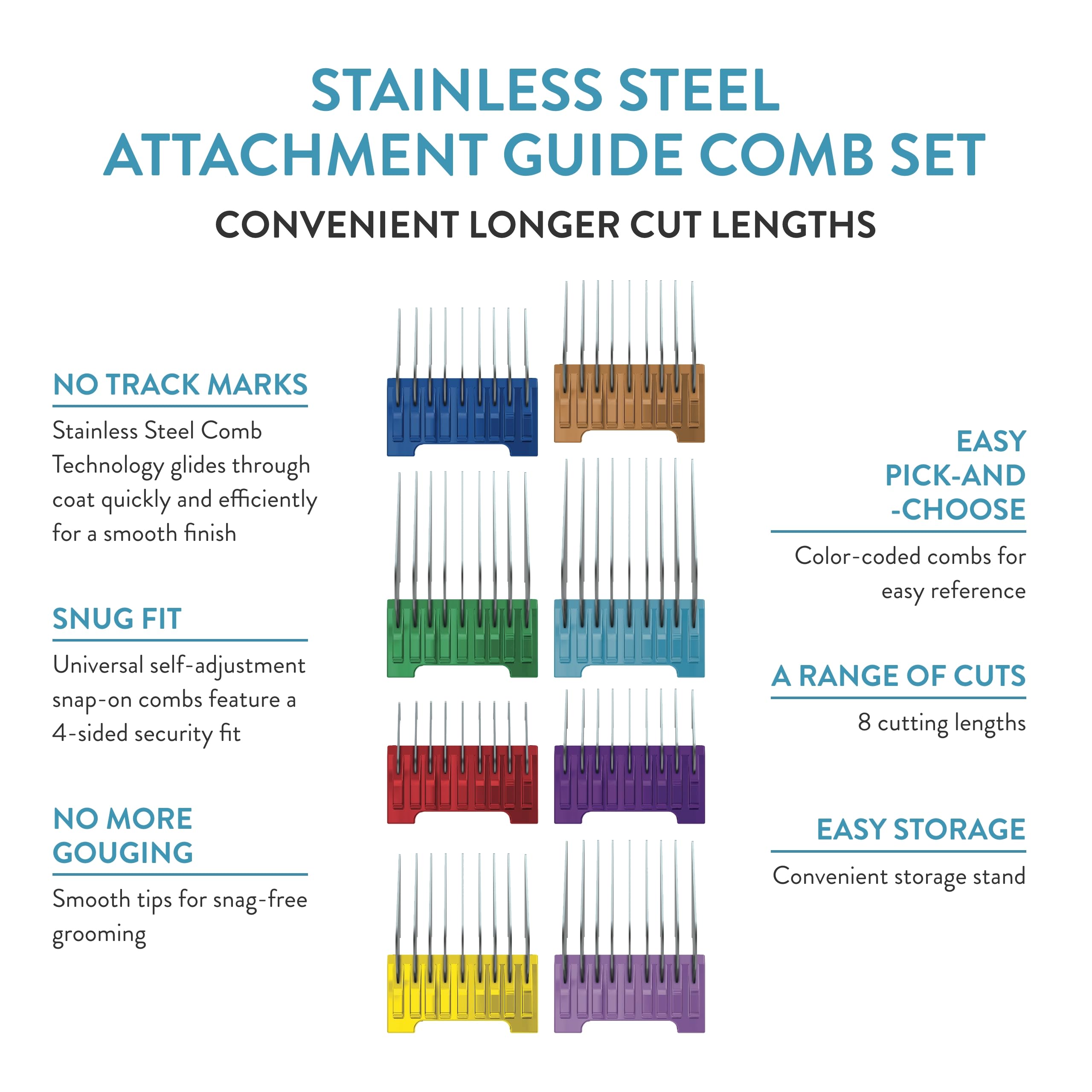 Wahl attachment comb set color-coded lengths for quick, precise clipping.