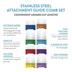 Wahl attachment comb set color-coded lengths for quick, precise clipping.