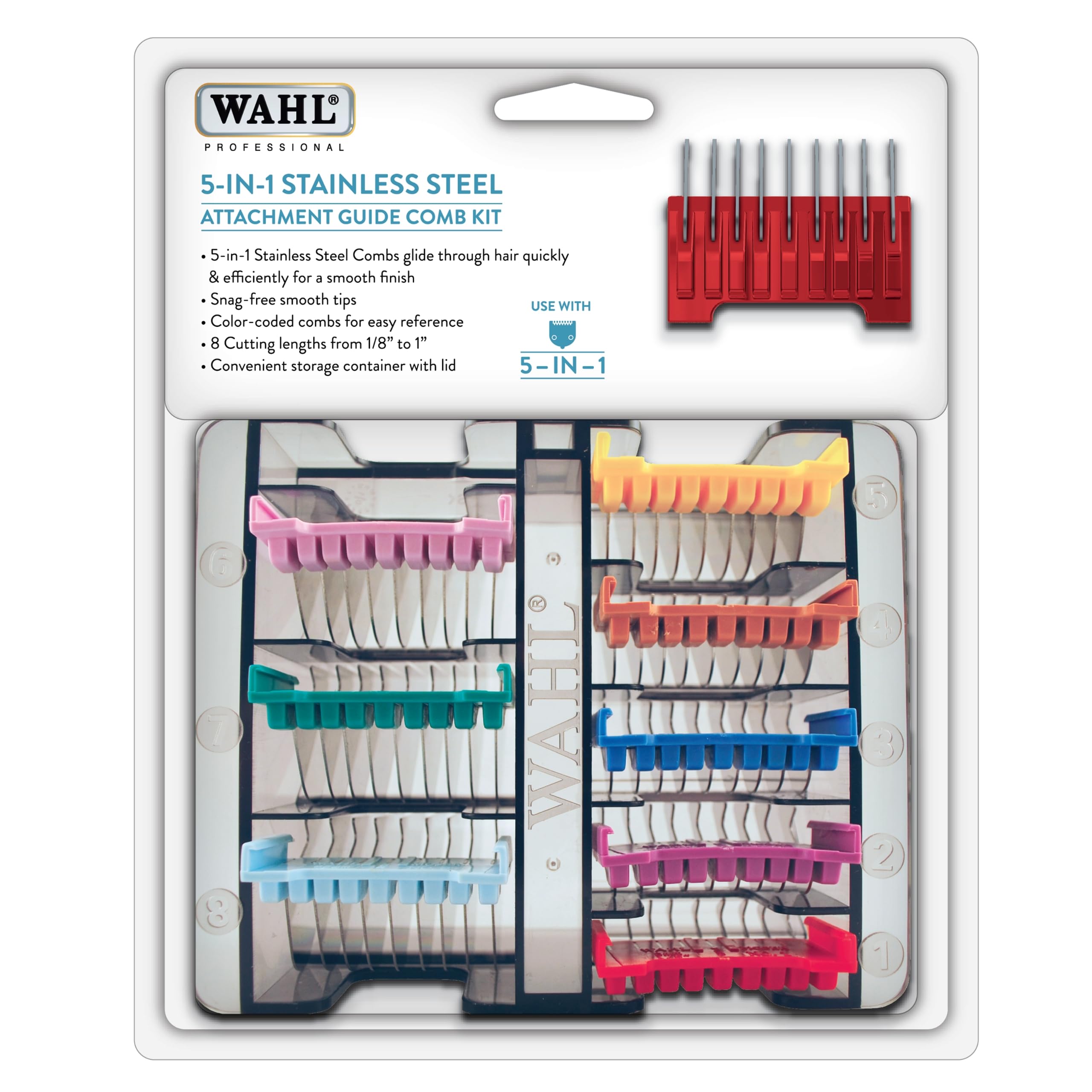 Wahl stainless steel attachment comb set front view for easy home grooming.