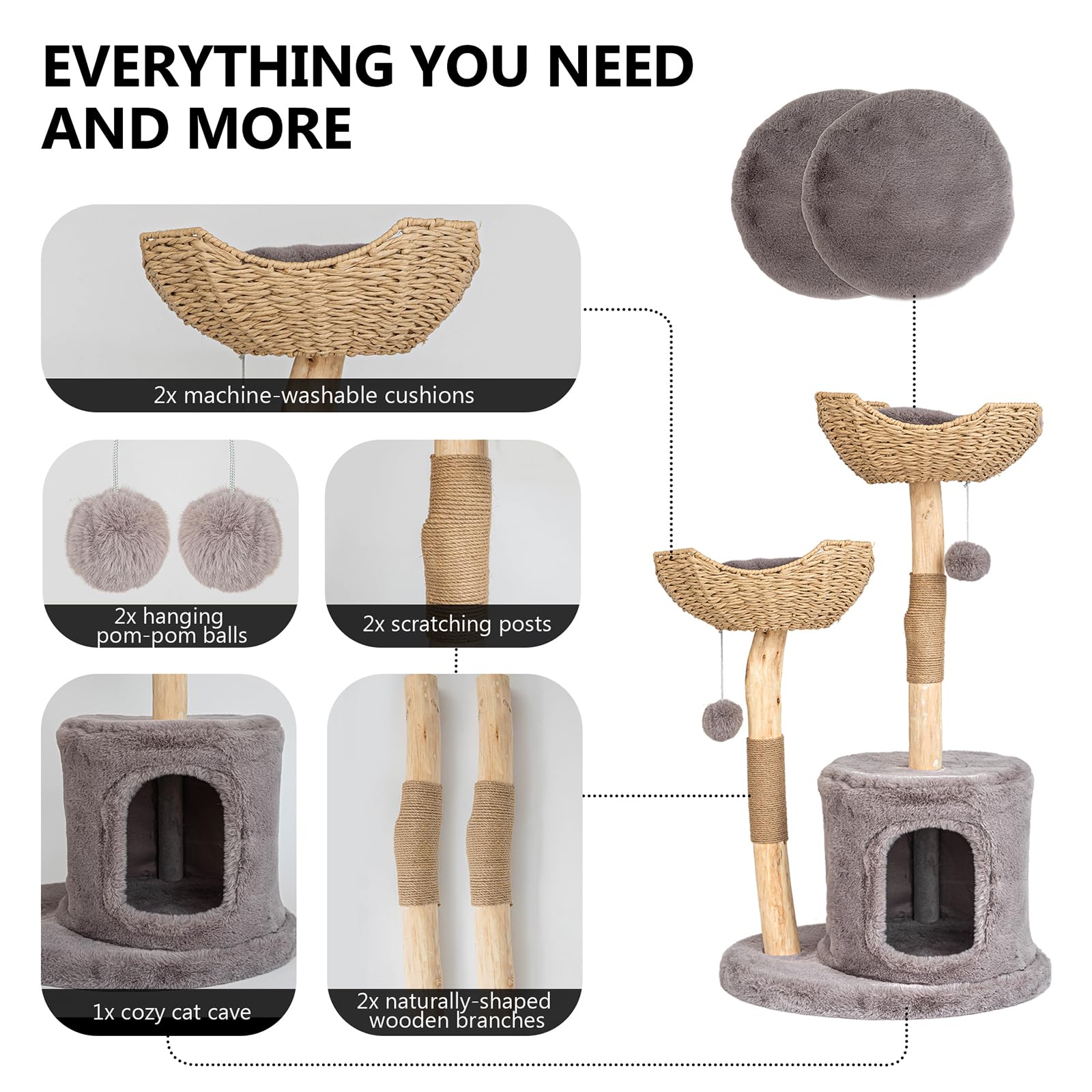 WAIDOBE solid wood cat tower base provides stability and safety