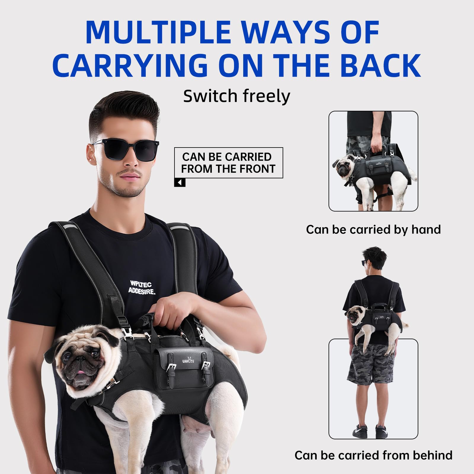 Wakytu dog backpack full-body support stabilizes pets during movement.