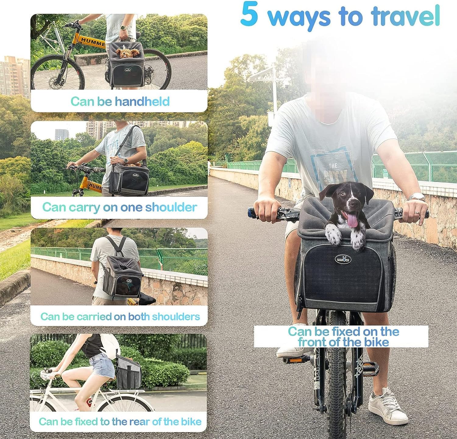Wakytu dog bike basket adjustable strap demonstrates versatile carry options
