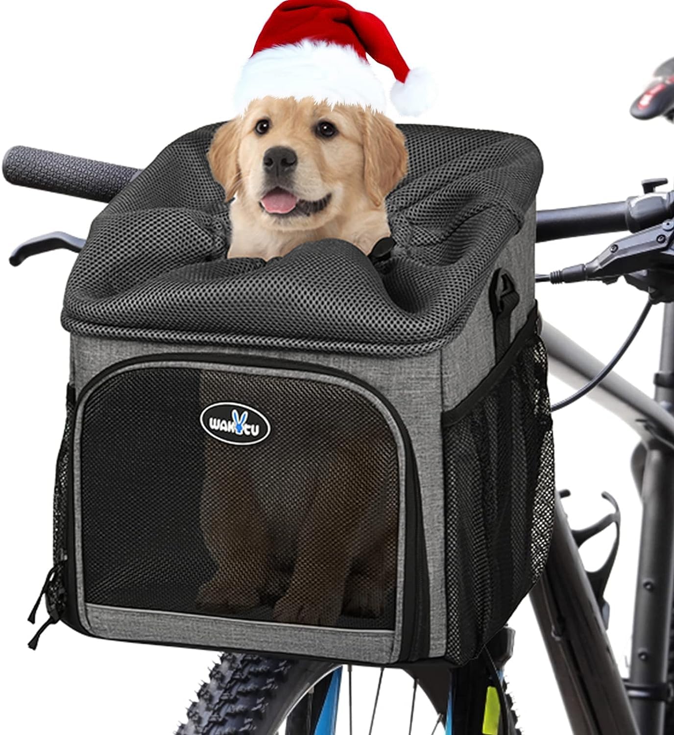 Wakytu dog bike basket front view demonstrating secure front carrier for small pets