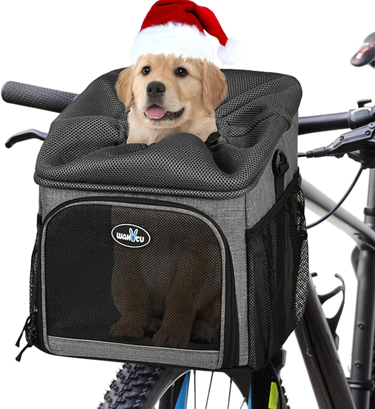 Wakytu dog bike basket front view demonstrating secure front carrier for small pets