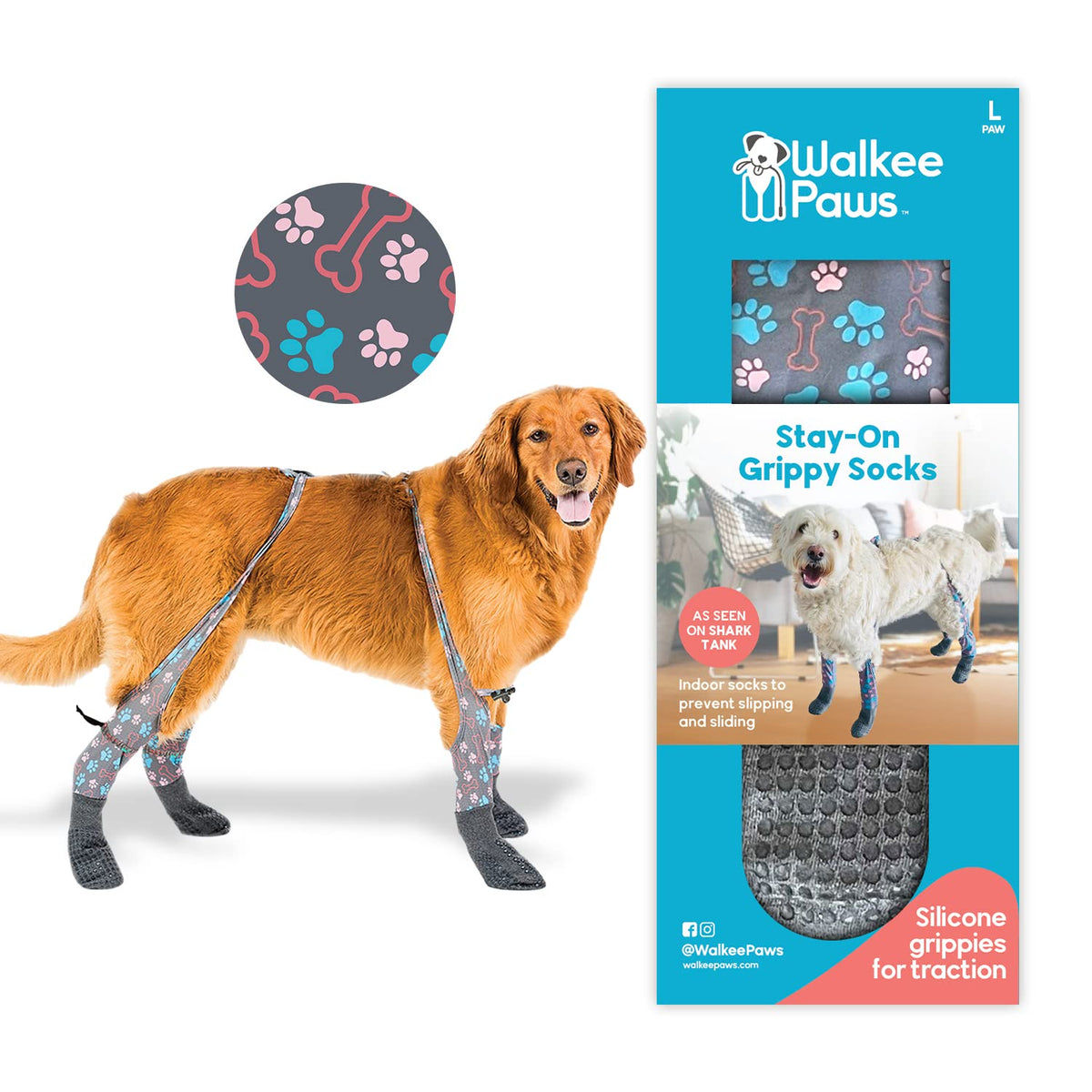 Walkee Paws Stay-On dog socks with back-strap adjustable design for secure fit.