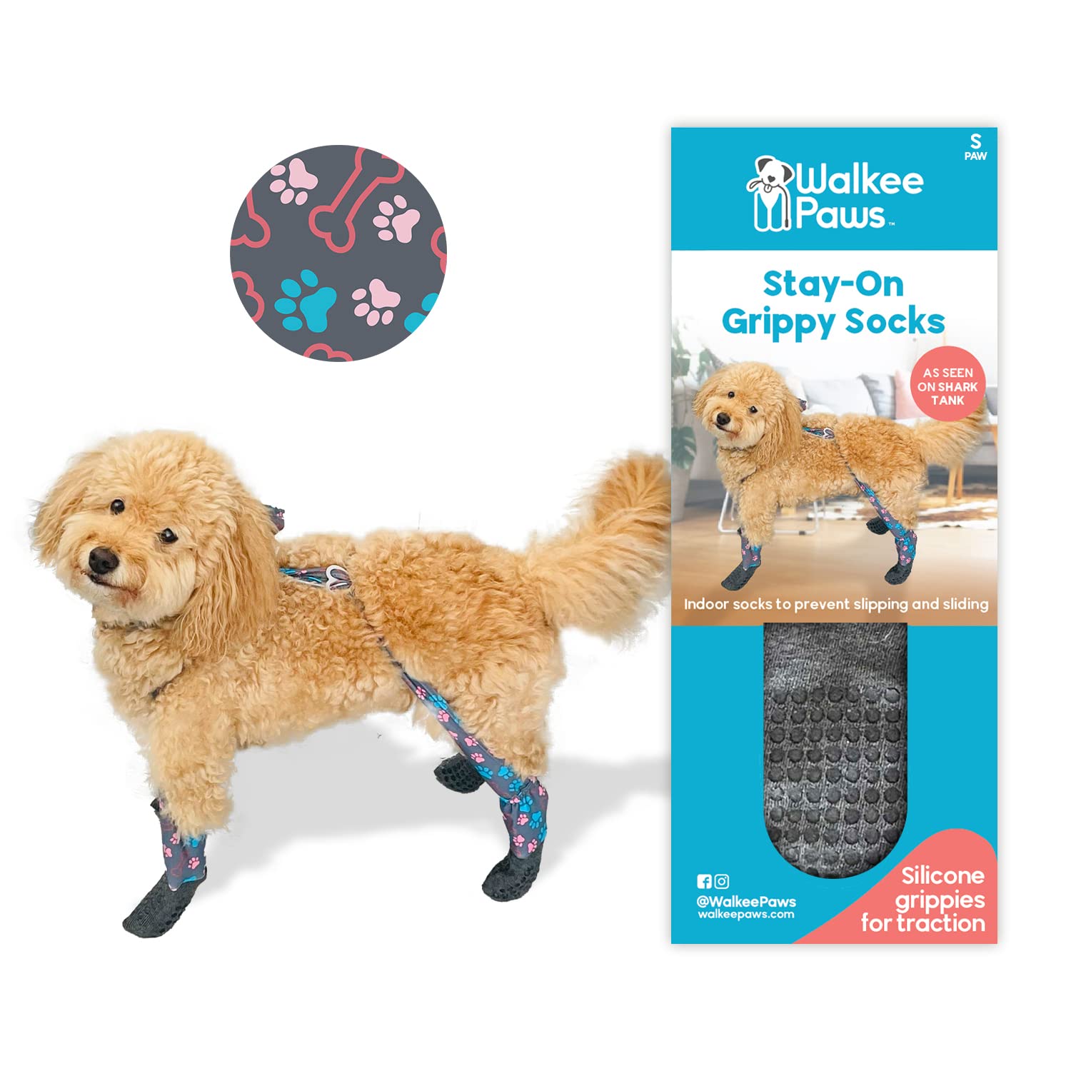Walkee Paws stay-on socks with traction dots for safer hardwood-floor walks